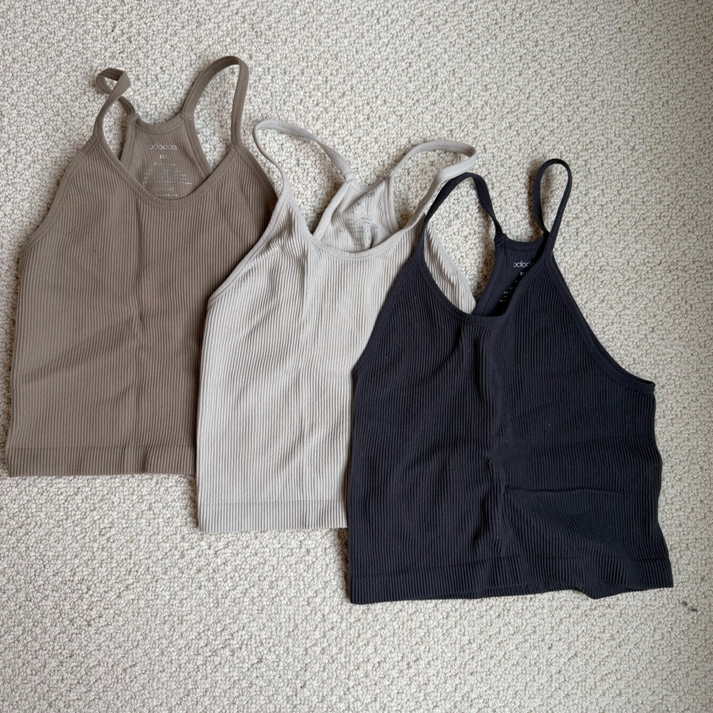 Ribbed Scoop Crop Tank Tops - Taupe, Light Beige & Black